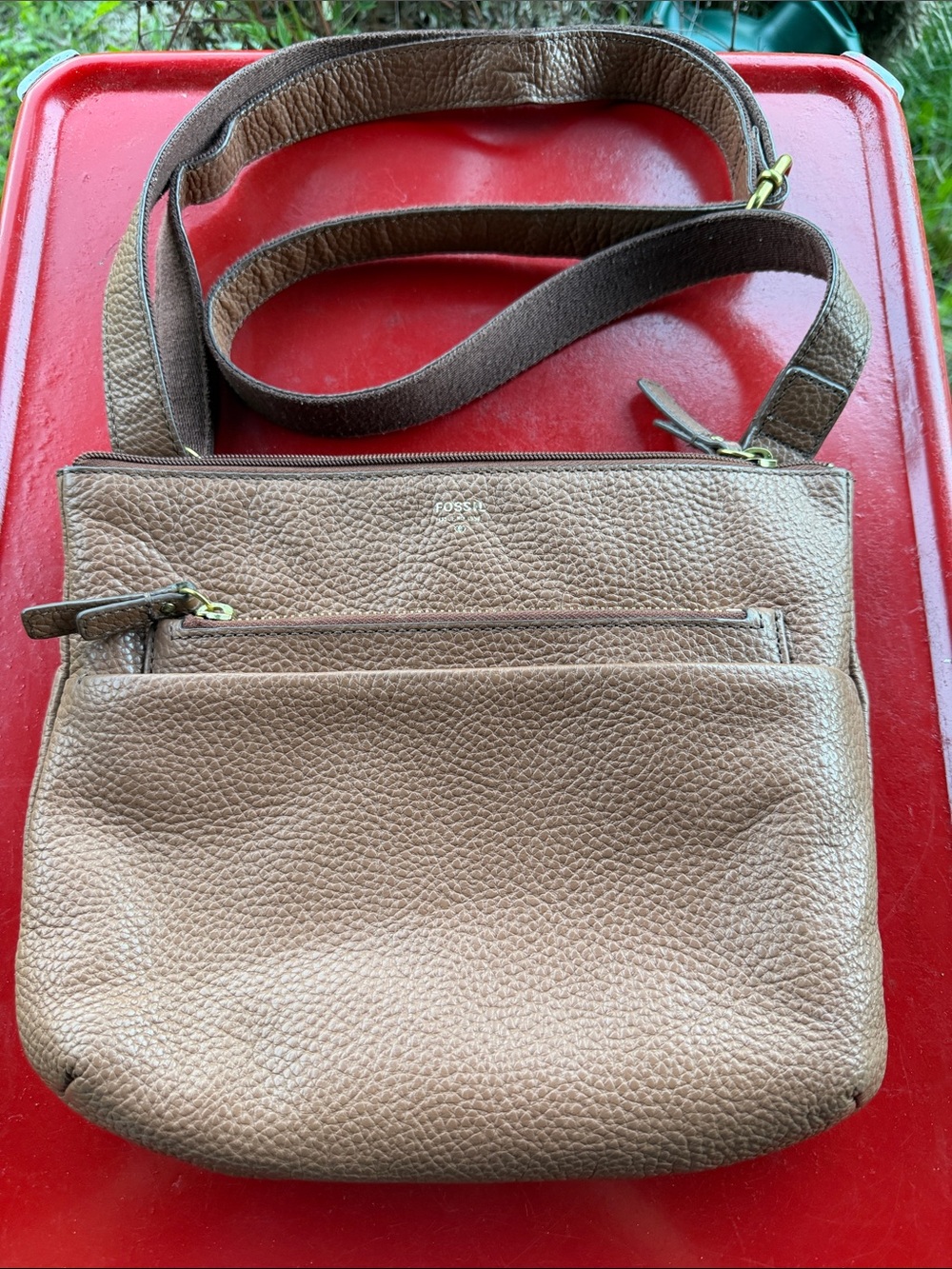 Fossil Tan Pebbled Leather Crossbody Bag with Front Zip Pocket